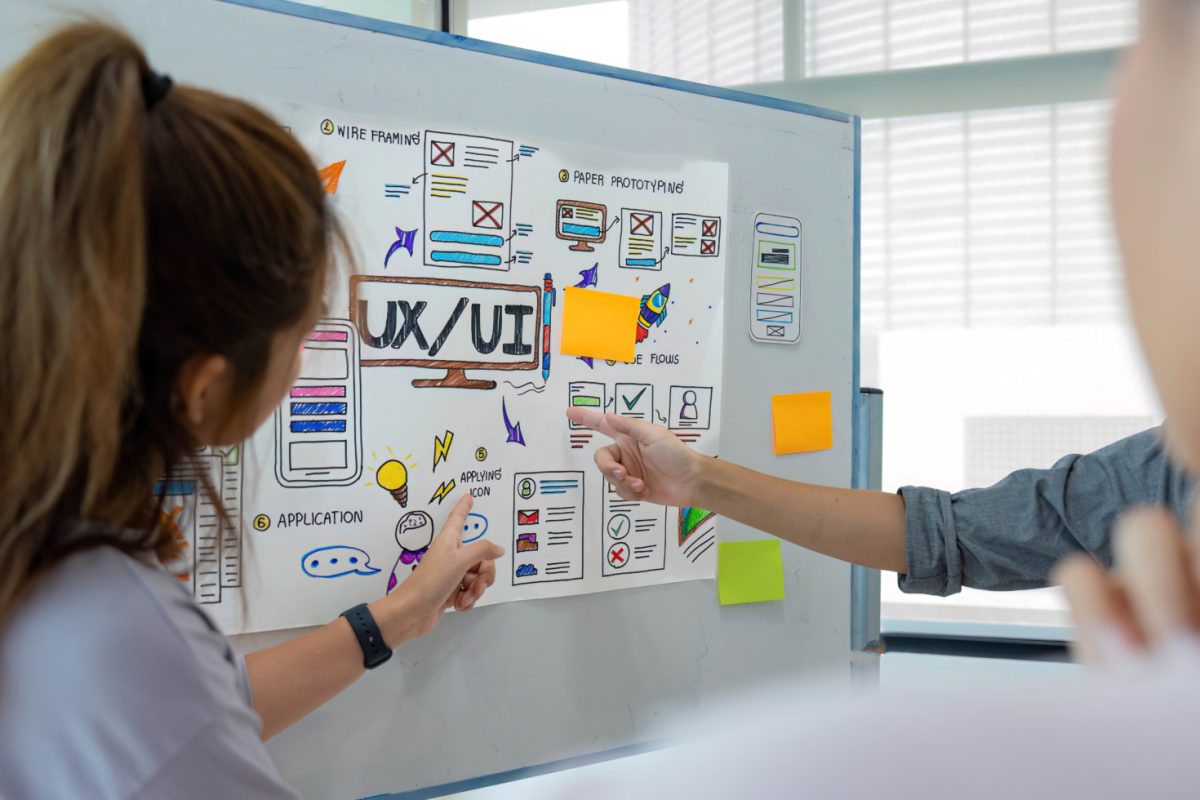 A group of Asian start-ups pointing to a whiteboard are stressing over the outcome of their meeting..